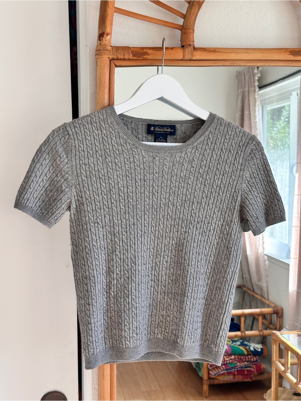Brooks Brothers Light Gray Cable-Knit Short-Sleeve Crew Sweater